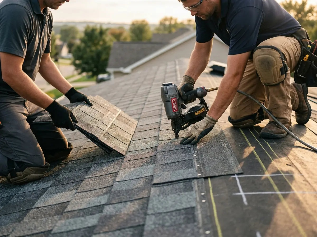 Professional roofer working on a residential roof in Homestead